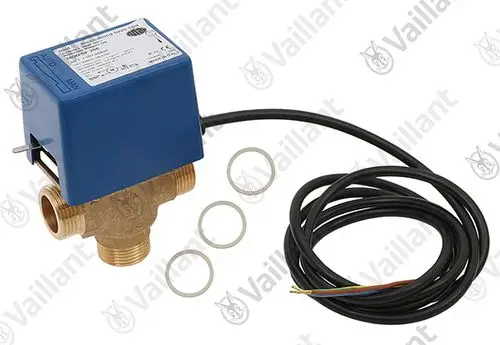 Vaillant Dreiwegeventil mit elektrischer Ansteuerung und Anschlusskabel, komplett mit Dichtungen. Das Produkt zeigt eine robuste Bauweise für hydraulische Anwendungen.